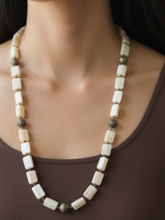 Hand Crafted Jewelry - HAND CRAFTED Boho Statement Necklace Antiqued Brass & Italian Onyx White Cream